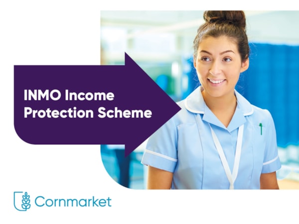 Nurse in uniform standing on hospital ward. Text says INMO Income Protection Scheme